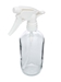 Clear glass bottle with upside down sprayer - downward angled view