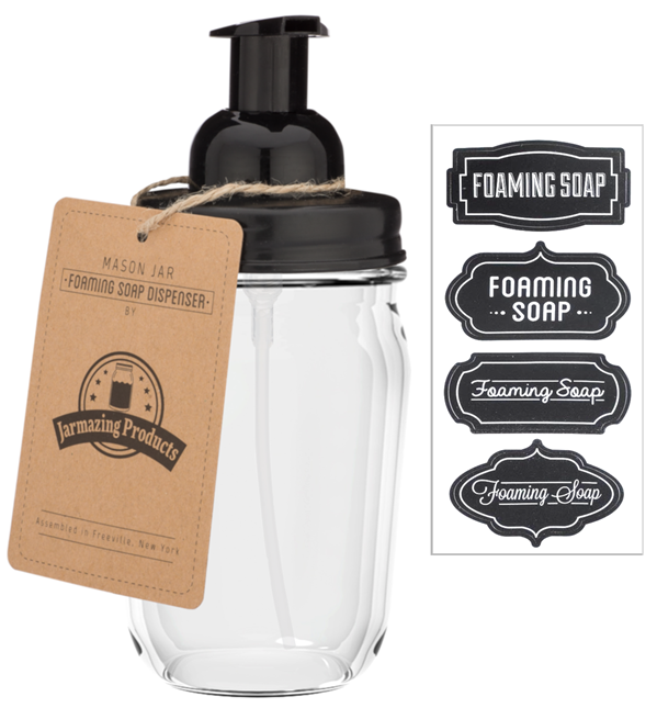 Smooth sided glass pint jar with black foaming soap dispenser