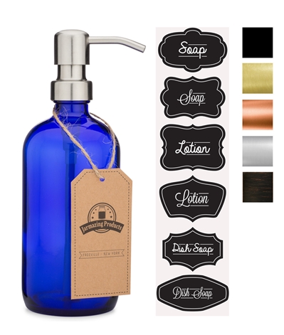 Blue Glass Pint Bottle Soap and Lotion Dispenser - 16 oz 