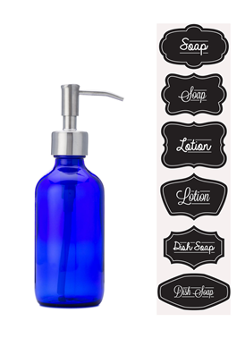 Blue Glass Soap and Lotion Dispenser with Stainless Steel Pump - 8 oz 