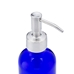 8 oz blue glass jar with stainless soap dispenser, top down angle