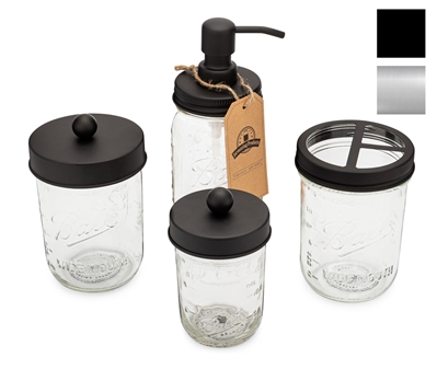Jarmazing Products Ball Mason Jar Bathroom Gift Set (4 pcs) - Lotion/Soap Dispenser, Toothbrush Holder, Q-Tip Storage Jars 
