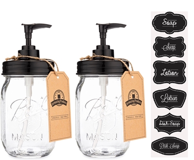 Jarmazing Products Black Mason Jar Soap Dispenser Jars - 2 pack - Rust proof plastic with Genuine Ball Pint Jars 